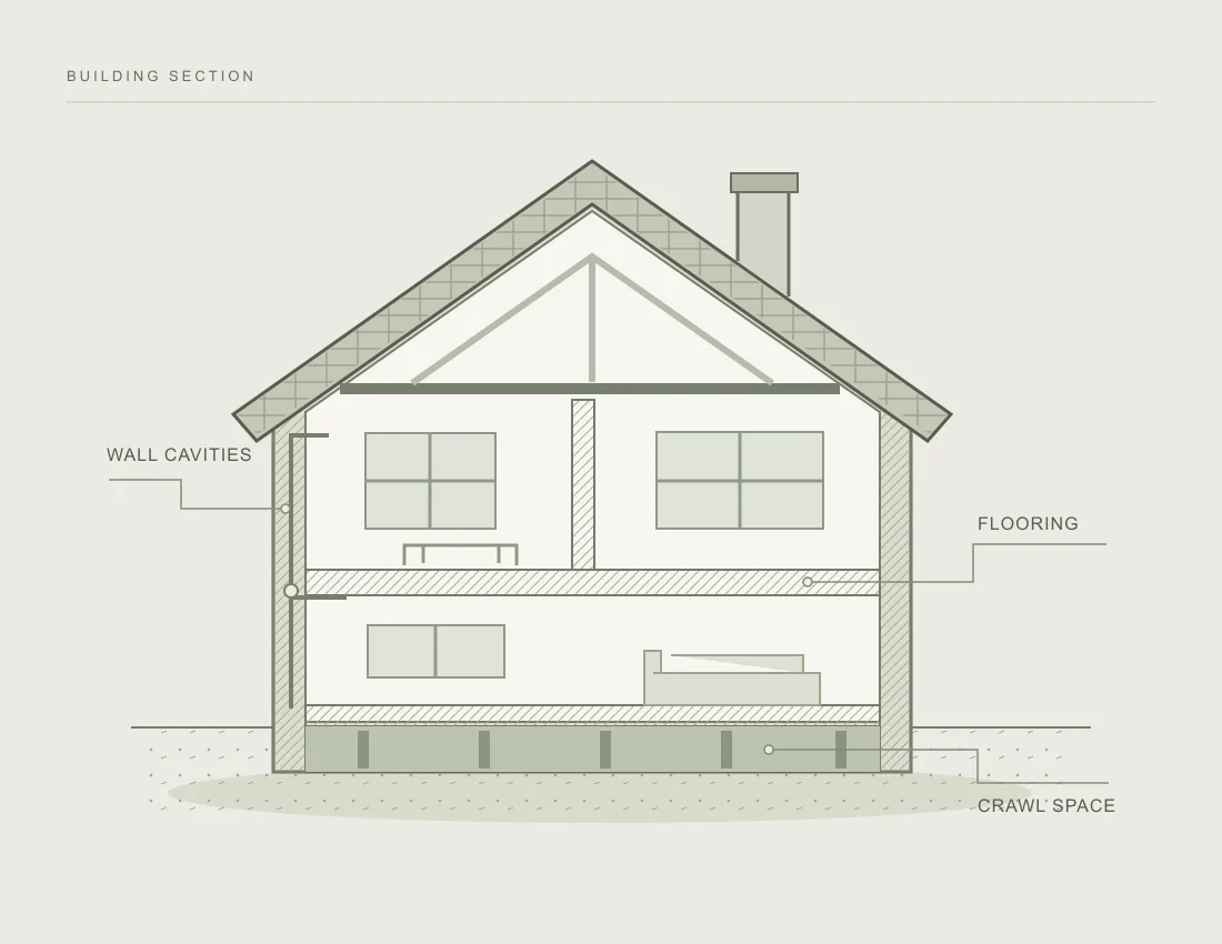 Illustrated house cutaway showing wall cavities, flooring and a crawl space. A generic building, not a local property.